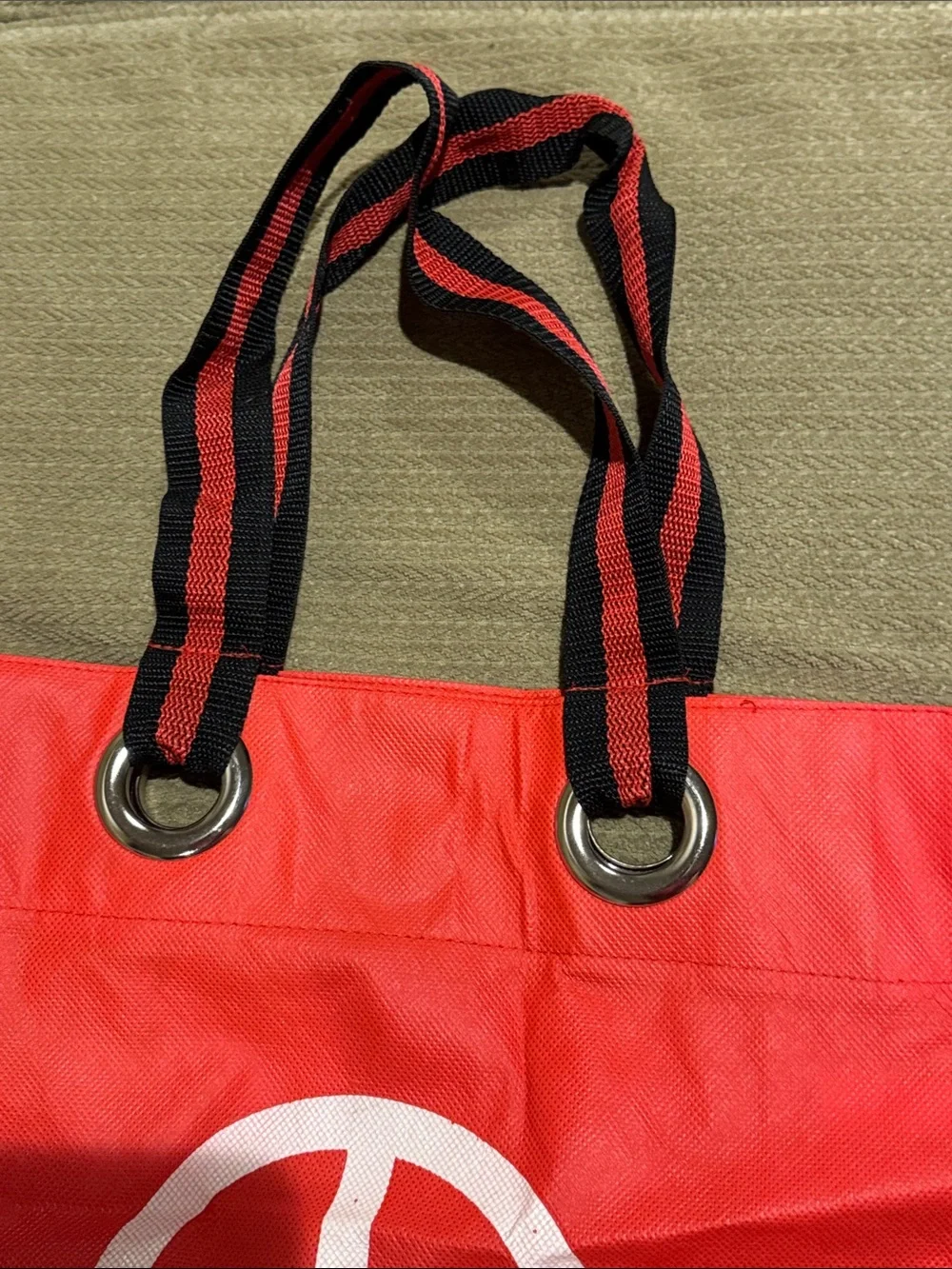 Personalized DONNA Red Tote White Peace Symbol Black-Striped Handles
